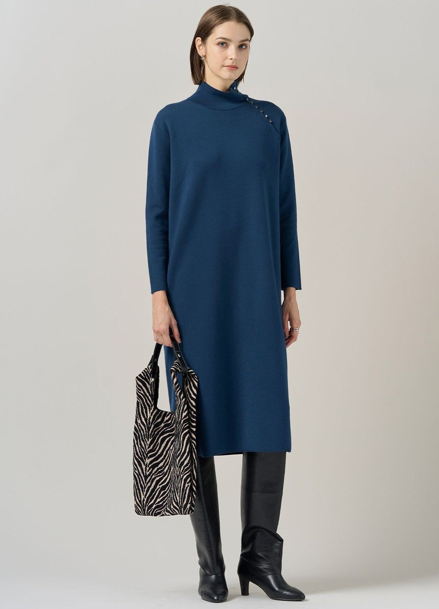 壓縮羊毛高領釦飾洋裝